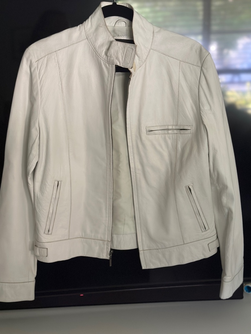 Express genuine White Leather Jacket Motor Biker Classic Zip Front Large vintage